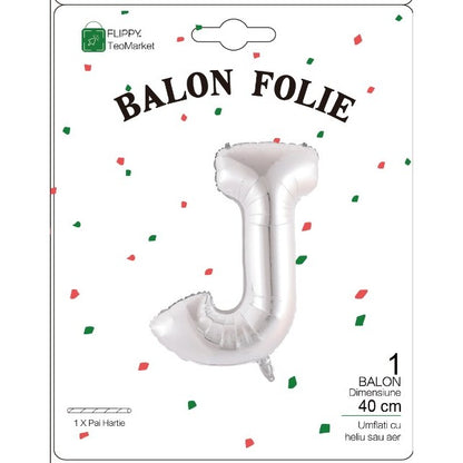 Balon Folie Metalizata Litera J, Flippy, 40 cm, Umflati cu Heliu sau Aer, Ambalaj Individual, Pai inclus, Argintiu-1