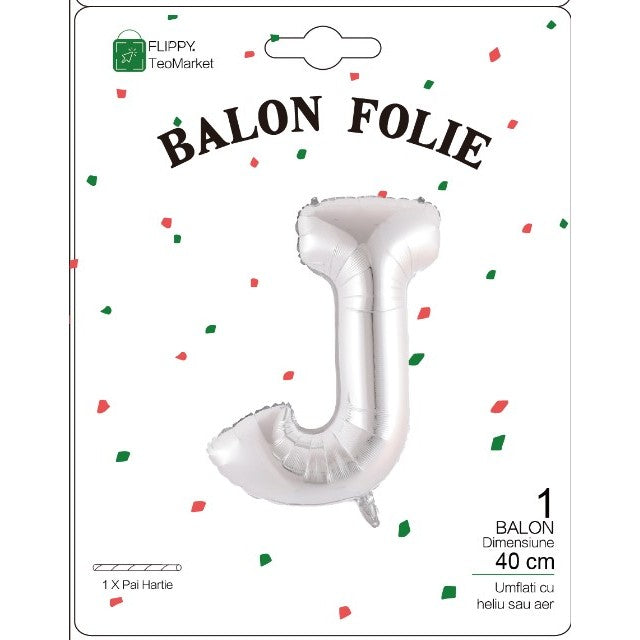 Balon Folie Metalizata Litera J, Flippy, 40 cm, Umflati cu Heliu sau Aer, Ambalaj Individual, Pai inclus, Argintiu-1