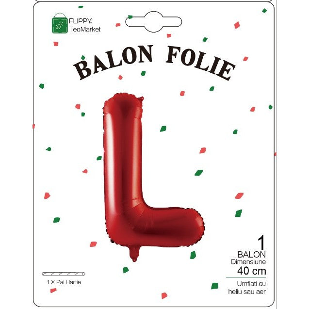 Balon Folie Metalizata Litera L, Flippy, 40 cm, Umflati cu Heliu sau Aer, Ambalaj Individual, Pai inclus, Rosu-1