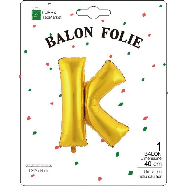 Balon Folie Metalizata Litera K, Flippy, 40 cm, Umflati cu Heliu sau Aer, Ambalaj Individual, Pai inclus, Auriu-1