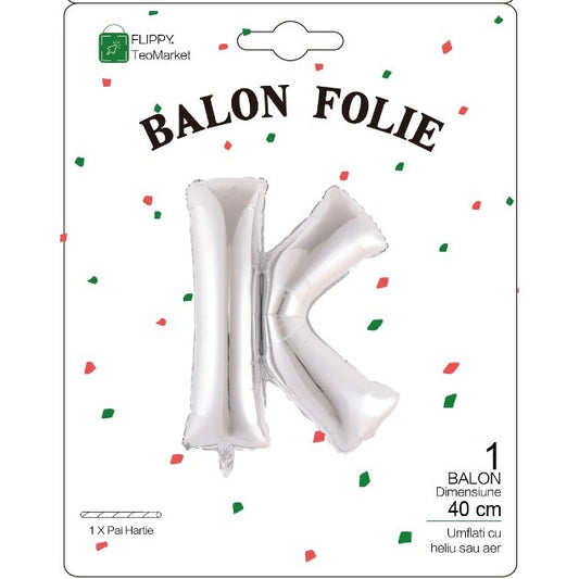 Balon Folie Metalizata Litera K, Flippy, 40 cm, Umflati cu Heliu sau Aer, Ambalaj Individual, Pai inclus, Argintiu-1
