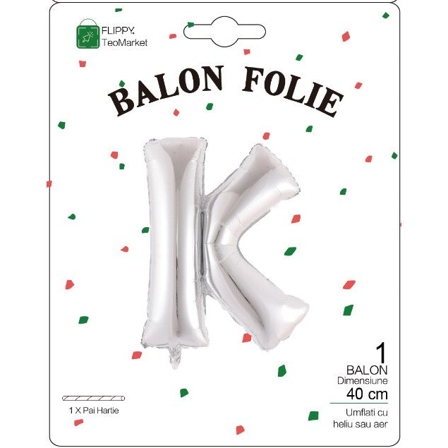 Balon Folie Metalizata Litera K, Flippy, 40 cm, Umflati cu Heliu sau Aer, Ambalaj Individual, Pai inclus, Argintiu-1