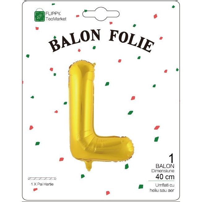 Balon Folie Metalizata Litera L, Flippy, 40 cm, Umflati cu Heliu sau Aer, Ambalaj Individual, Pai inclus, Auriu-1