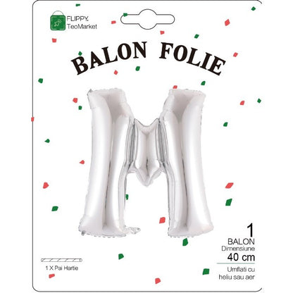 Balon Folie Metalizata Litera M, Flippy, 40 cm, Umflati cu Heliu sau Aer, Ambalaj Individual, Pai inclus, Argintiu-1