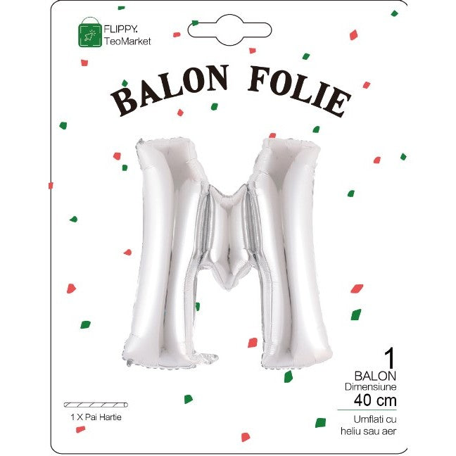 Balon Folie Metalizata Litera M, Flippy, 40 cm, Umflati cu Heliu sau Aer, Ambalaj Individual, Pai inclus, Argintiu-1