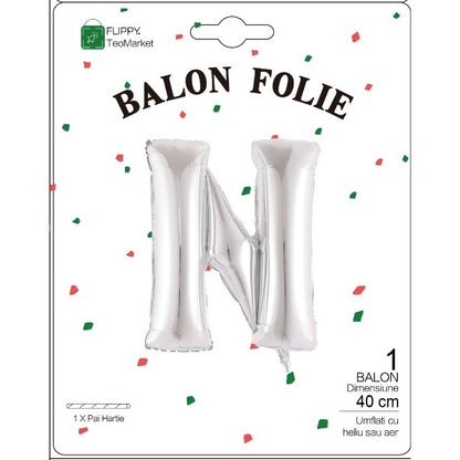 Balon Folie Metalizata Litera N, Flippy, 40 cm, Umflati cu Heliu sau Aer, Ambalaj Individual, Pai inclus, Argintiu-1
