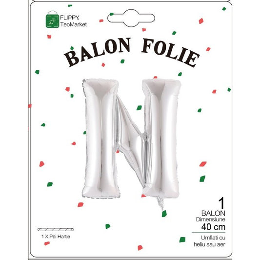 Balon Folie Metalizata Litera N, Flippy, 40 cm, Umflati cu Heliu sau Aer, Ambalaj Individual, Pai inclus, Argintiu-1