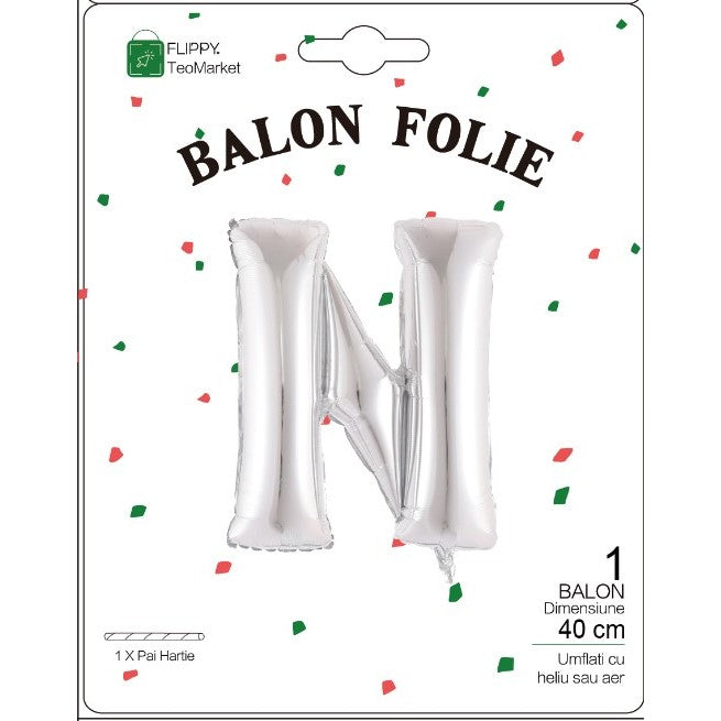 Balon Folie Metalizata Litera N, Flippy, 40 cm, Umflati cu Heliu sau Aer, Ambalaj Individual, Pai inclus, Argintiu-1