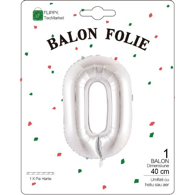 Balon Folie Metalizata Litera O, Flippy, 40 cm, Umflati cu Heliu sau Aer, Ambalaj Individual, Pai inclus, Argintiu-1