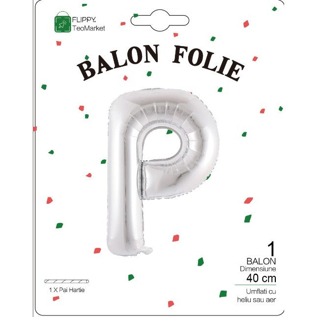 Balon Folie Metalizata Litera P, Flippy, 40 cm, Umflati cu Heliu sau Aer, Ambalaj Individual, Pai inclus, Argintiu-1