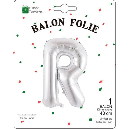 Balon Folie Metalizata Litera R, Flippy, 40 cm, Umflati cu Heliu sau Aer, Ambalaj Individual, Pai inclus, Argintiu-1