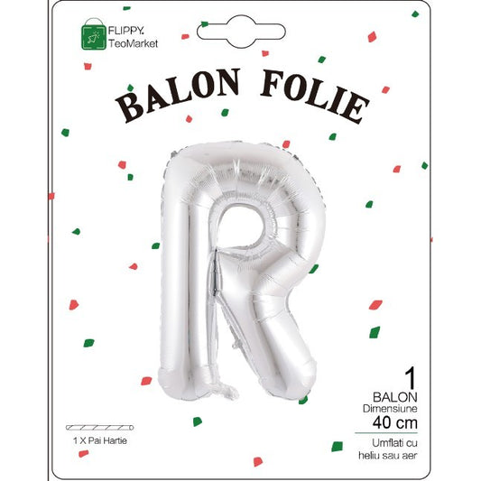 Balon Folie Metalizata Litera R, Flippy, 40 cm, Umflati cu Heliu sau Aer, Ambalaj Individual, Pai inclus, Argintiu-1