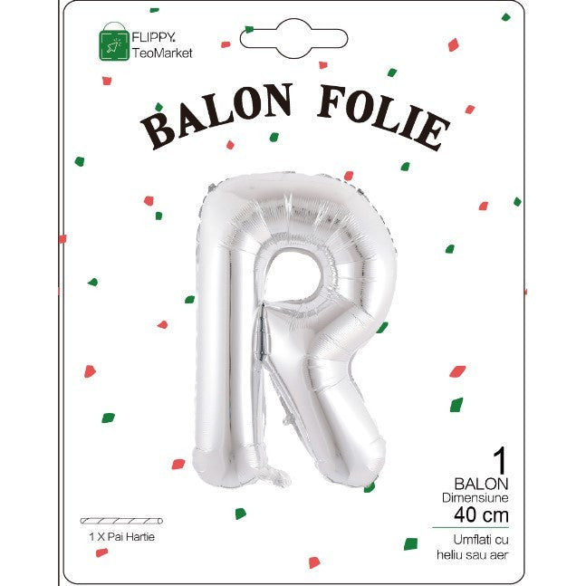 Balon Folie Metalizata Litera R, Flippy, 40 cm, Umflati cu Heliu sau Aer, Ambalaj Individual, Pai inclus, Argintiu-1