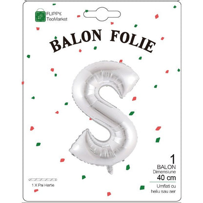 Balon Folie Metalizata Litera S, Flippy, 40 cm, Umflati cu Heliu sau Aer, Ambalaj Individual, Pai inclus, Argintiu-1