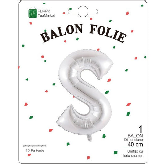Balon Folie Metalizata Litera S, Flippy, 40 cm, Umflati cu Heliu sau Aer, Ambalaj Individual, Pai inclus, Argintiu-1