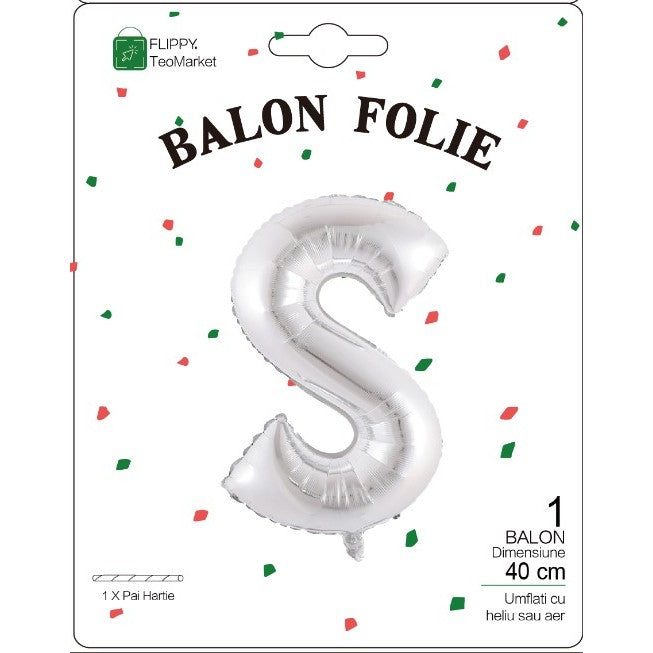 Balon Folie Metalizata Litera S, Flippy, 40 cm, Umflati cu Heliu sau Aer, Ambalaj Individual, Pai inclus, Argintiu-1