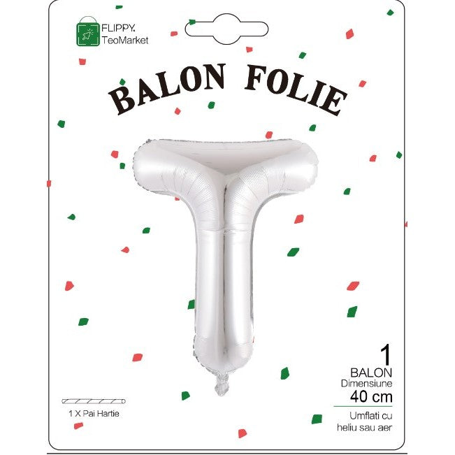 Balon Folie Metalizata Litera T, Flippy, 40 cm, Umflati cu Heliu sau Aer, Ambalaj Individual, Pai inclus, Argintiu-1