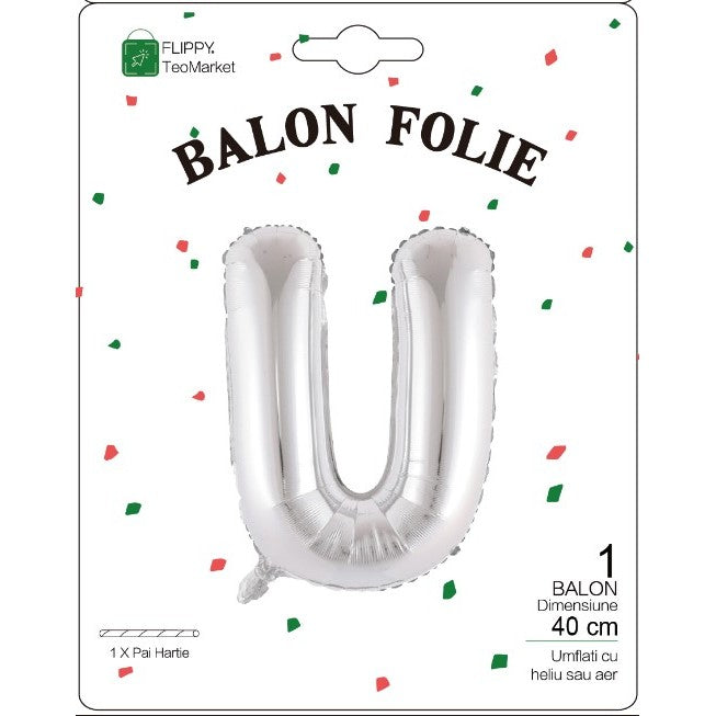Balon Folie Metalizata Litera U, Flippy, 40 cm, Umflati cu Heliu sau Aer, Ambalaj Individual, Pai inclus, Argintiu-1