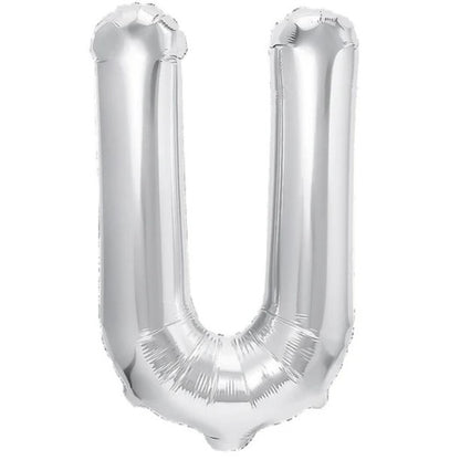 Balon Folie Metalizata Litera U, Flippy, 40 cm, Umflati cu Heliu sau Aer, Ambalaj Individual, Pai inclus, Argintiu-0