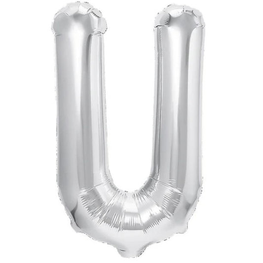 Balon Folie Metalizata Litera U, Flippy, 40 cm, Umflati cu Heliu sau Aer, Ambalaj Individual, Pai inclus, Argintiu-0