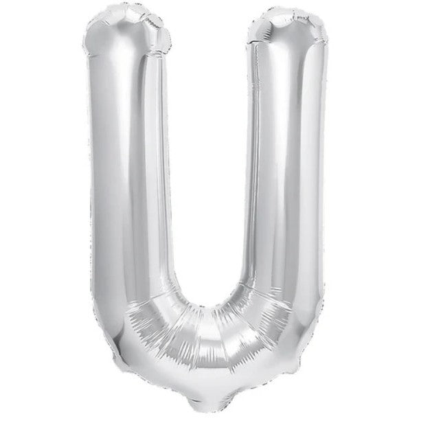 Balon Folie Metalizata Litera U, Flippy, 40 cm, Umflati cu Heliu sau Aer, Ambalaj Individual, Pai inclus, Argintiu-0
