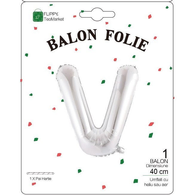 Balon Folie Metalizata Litera V, Flippy, 40 cm, Umflati cu Heliu sau Aer, Ambalaj Individual, Pai inclus, Argintiu-1