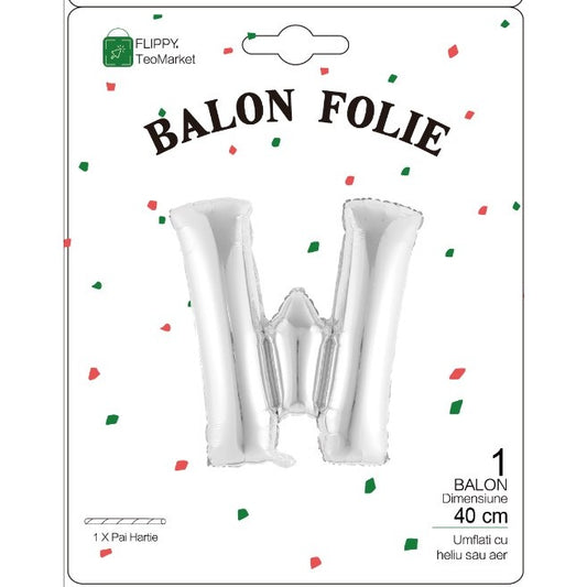 Balon Folie Metalizata Litera W, Flippy, 40 cm, Umflati cu Heliu sau Aer, Ambalaj Individual, Pai inclus, Argintiu-1