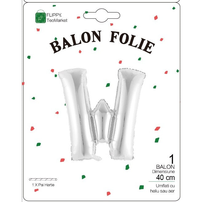 Balon Folie Metalizata Litera W, Flippy, 40 cm, Umflati cu Heliu sau Aer, Ambalaj Individual, Pai inclus, Argintiu-1