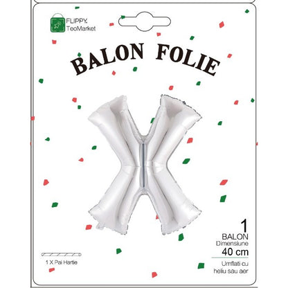 Balon Folie Metalizata Litera X, Flippy, 40 cm, Umflati cu Heliu sau Aer, Ambalaj Individual, Pai inclus, Argintiu-1