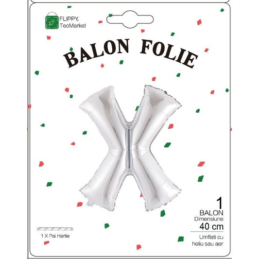 Balon Folie Metalizata Litera X, Flippy, 40 cm, Umflati cu Heliu sau Aer, Ambalaj Individual, Pai inclus, Argintiu-1