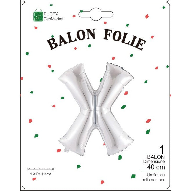 Balon Folie Metalizata Litera X, Flippy, 40 cm, Umflati cu Heliu sau Aer, Ambalaj Individual, Pai inclus, Argintiu-1