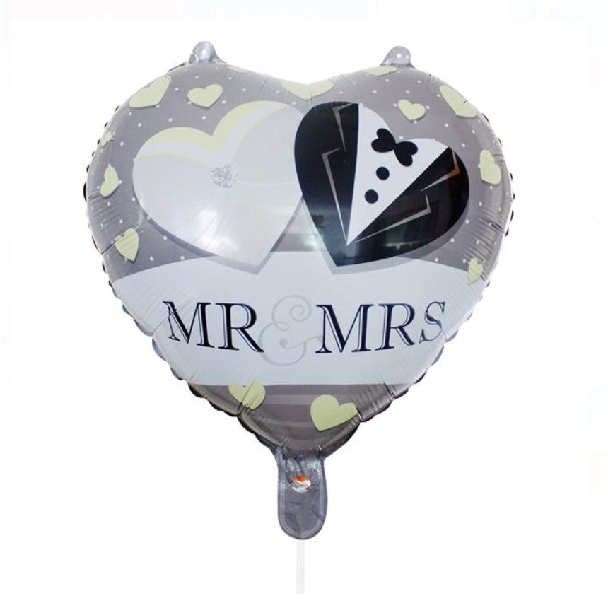 Balon din Folie Metalizata, Flippy, Figurina Inima, Model Mr&Mrs, Tema Nunta, 45 cm, Ambalaj Individual, Pai Inclus, Umflare cu Aer sau Heliu, Gri-0
