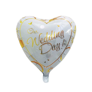 Balon din Folie Metalizata, Flippy, Figurina Inima, Model Our Wedding Day, Tema Nunta, 45 cm, Ambalaj Individual, Pai Inclus, Umflare cu Aer sau Heliu, Alb/Auriu-0
