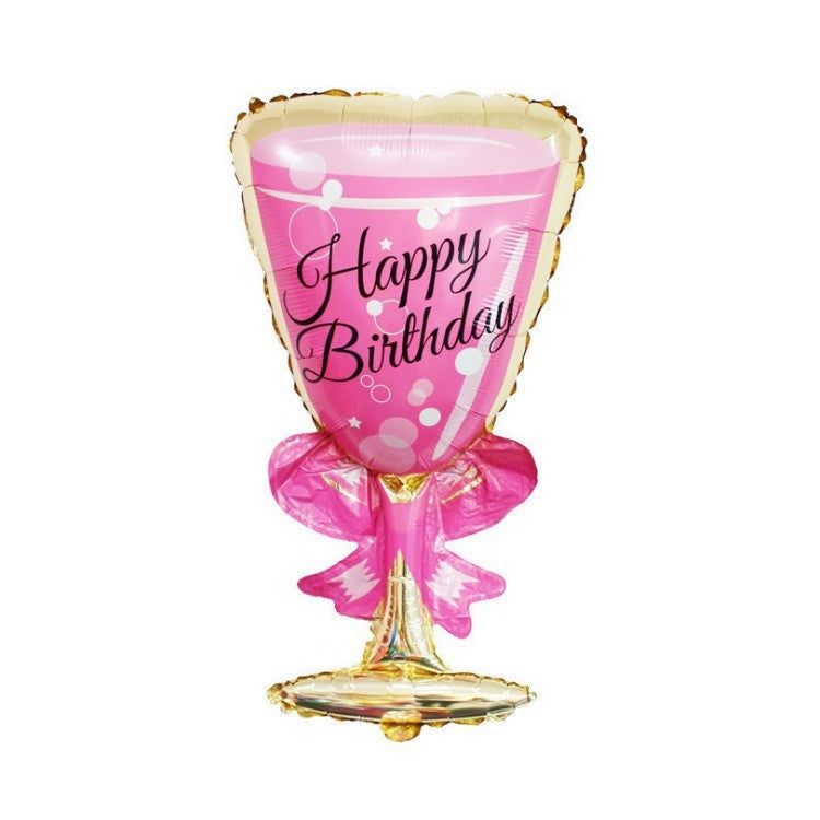 Balon din Folie Metalizata, Flippy, Figurina Pahar de Vin, Tema Aniversare, 93x48 cm, Ambalaj Individual, Pai Inclus, Umflare cu Aer sau Heliu, Roz-0