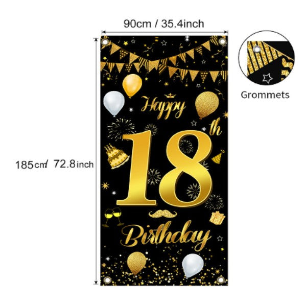 Banner Negru pentru Petrecere Majorat, Flippy, Happy Birthday 18 Ani-0