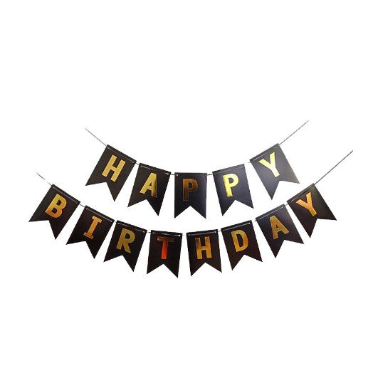 Banner Happy Birthday 100 x 200 cm, dimensiune stegulet 11.5 x 16.5 cm, rola ata inclusa, negru-0