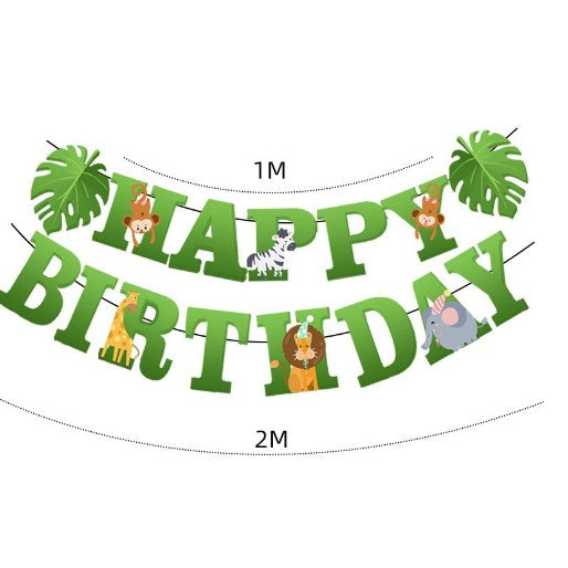 Banner Happy Birthday 100x200 cm, Flippy, Dimensiune Stegulet 11.5x16.5 cm, Rola de Ata Inclusa, Tematica Jungle, Verde-0