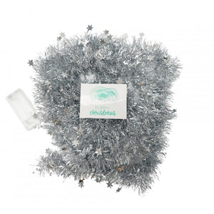 Beteala Craciun cu LED, Argintie, model cu stelute, 2 m x 5 cm, PVC, Sir, Artificiala, Flippy-0