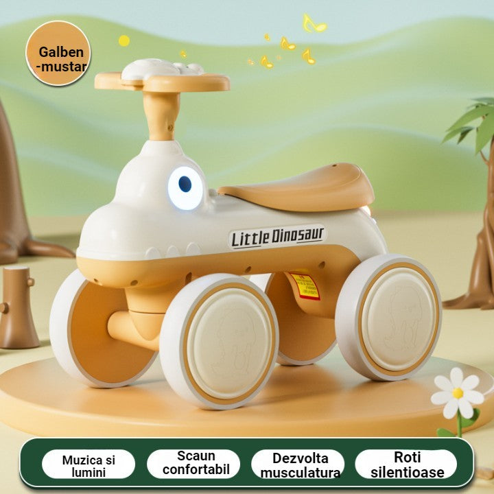 Bicicleta Pentru Copii, Flippy, Fara Pedale, Cu Patru Roti, Din Plastic Rezistent, Fara BPA, Cu Muzica Si Lumini, Model Dinozaur, 50x27x40 Cm, Galben-Mustar-1