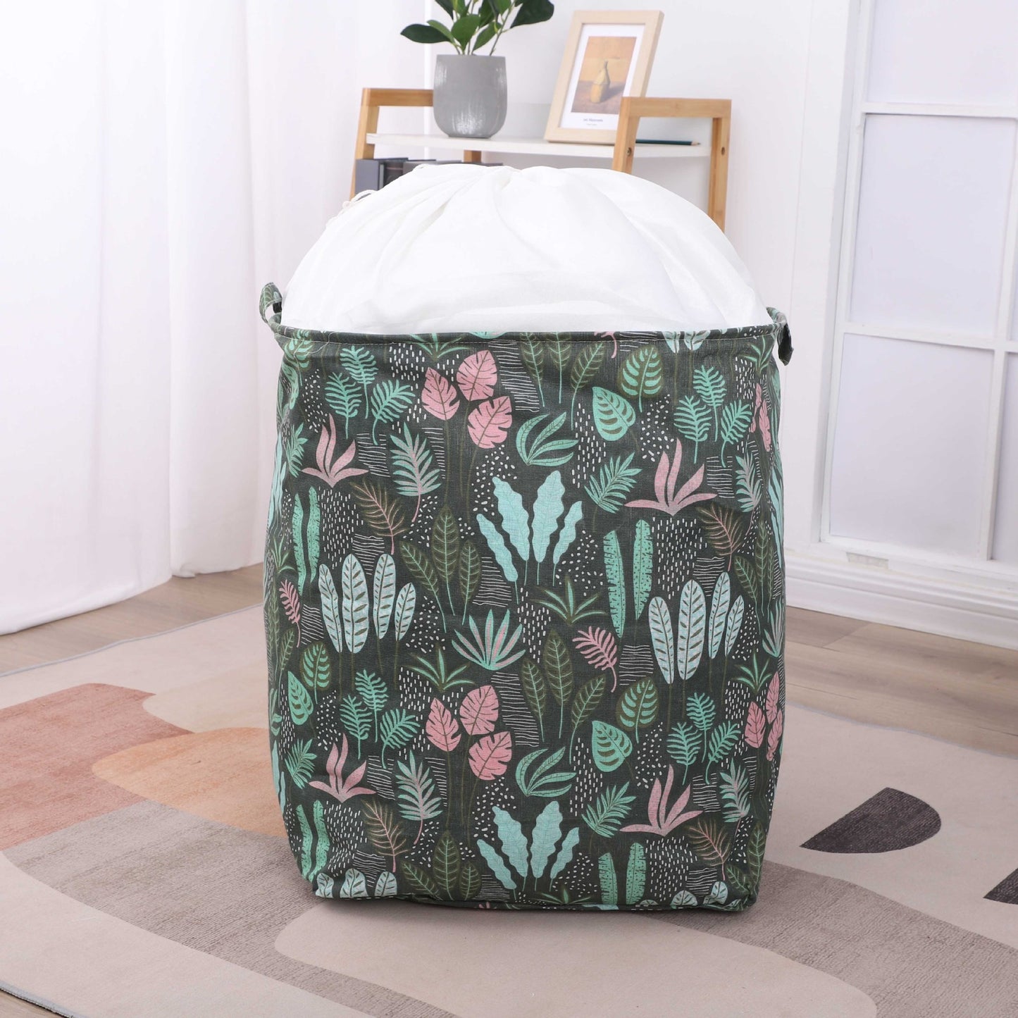 Cutie de Depozitare Pliabila, Flippy, Impermeabila, cu Snur, Capacitate 100 L, cu Manere, 50x50x40cm, Model Frunze, Verde-9