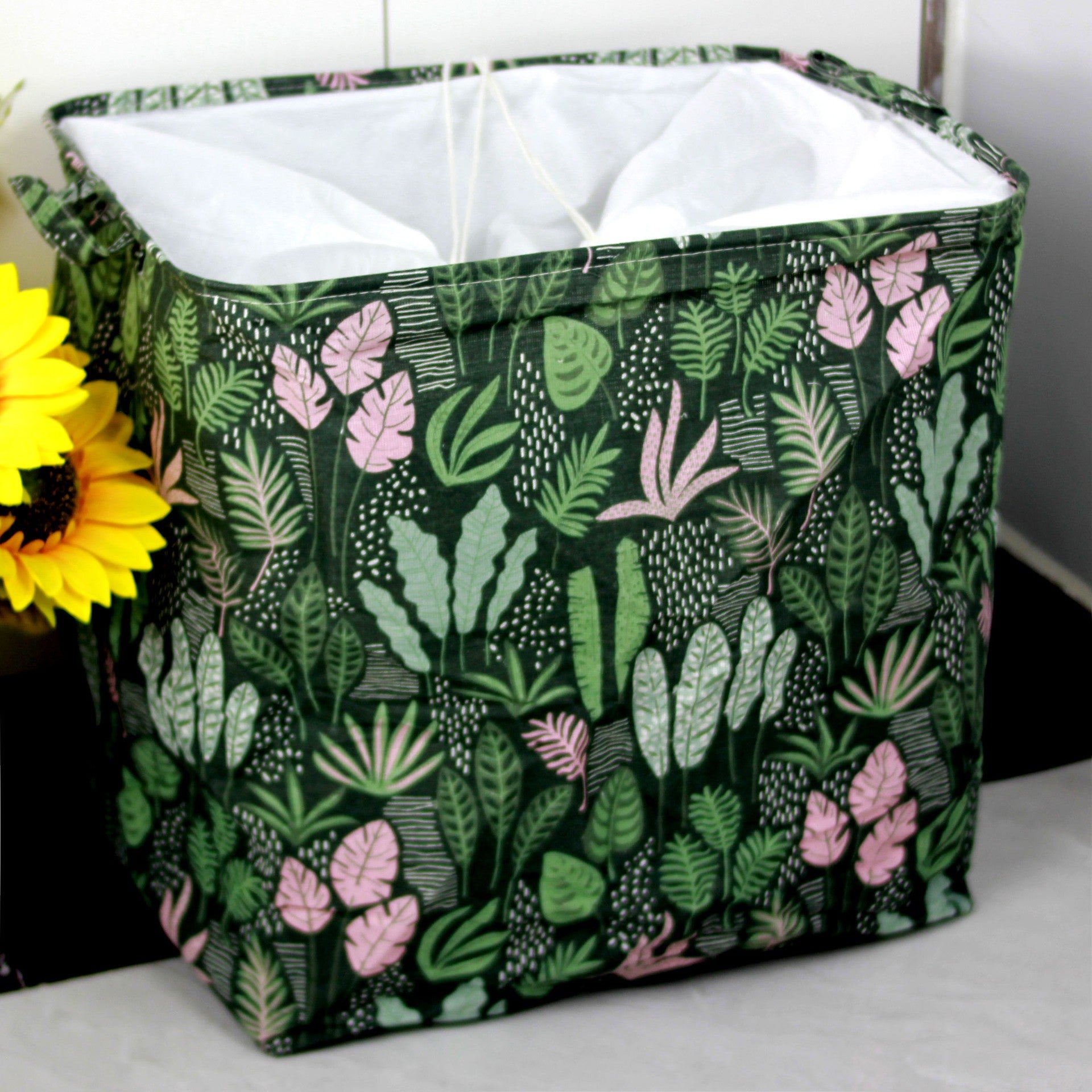 Cutie de Depozitare Pliabila, Flippy, Impermeabila, cu Snur, Capacitate 100 L, cu Manere, 50x50x40cm, Model Frunze, Verde-10