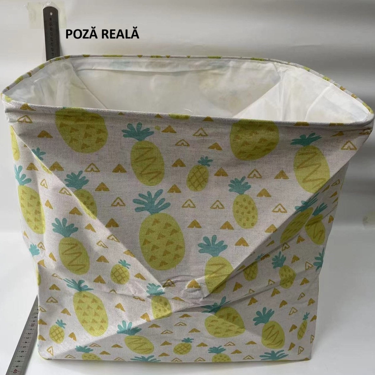 Cutie de Depozitare Pliabila, Flippy, Impermeabila, cu Snur, Capacitate 100 L, cu Manere, 50x50x40cm, Model Ananas, Galben-5