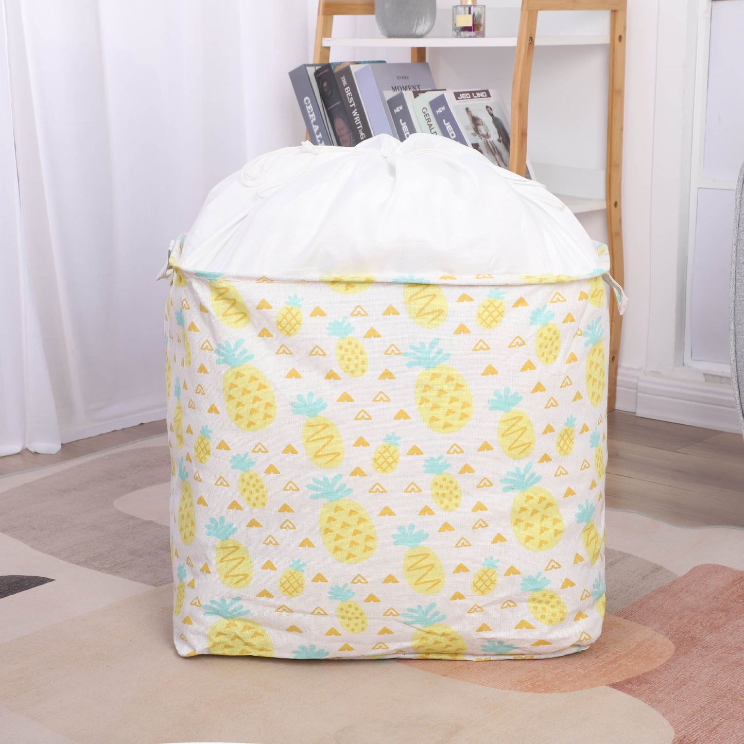 Cutie de Depozitare Pliabila, Flippy, Impermeabila, cu Snur, Capacitate 100 L, cu Manere, 50x50x40cm, Model Ananas, Galben-1