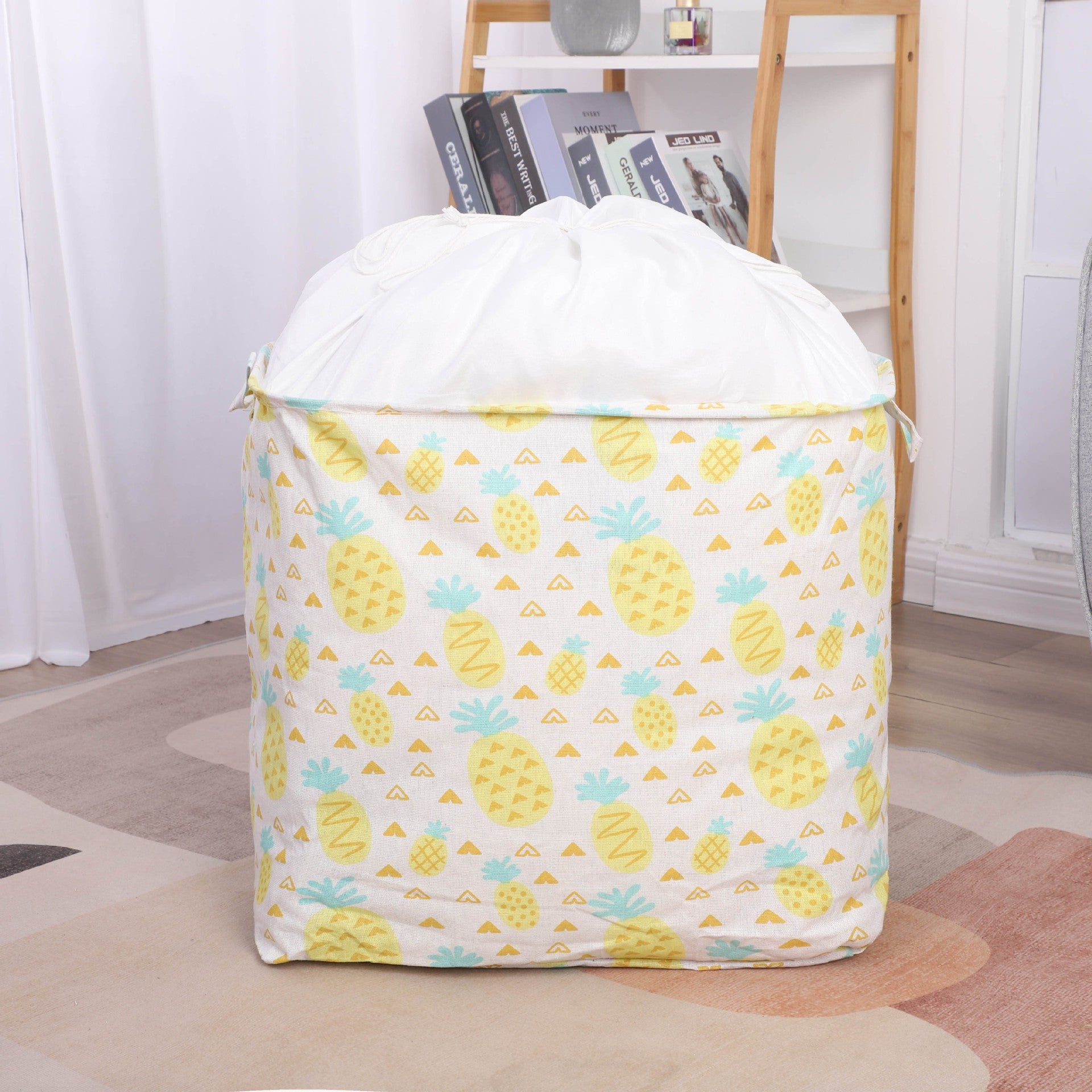 Cutie de Depozitare Pliabila, Flippy, Impermeabila, cu Snur, Capacitate 100 L, cu Manere, 50x50x40cm, Model Ananas, Galben-1