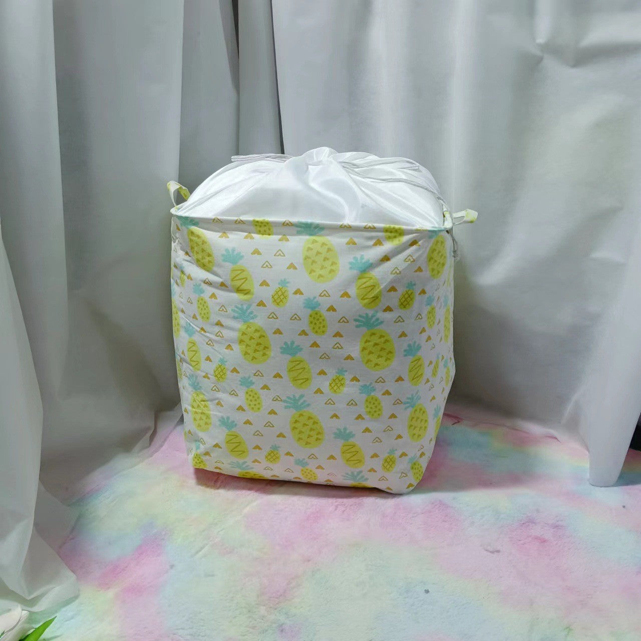 Cutie de Depozitare Pliabila, Flippy, Impermeabila, cu Snur, Capacitate 100 L, cu Manere, 50x50x40cm, Model Ananas, Galben-3