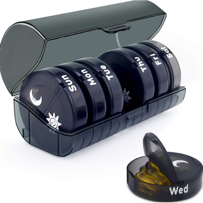 Cutie Depozitare Medicamente, Flippy, 7 Zile, 14 Compartimente, Cutie Suport, Recipiente Detasabile, Portabila, Negru, 17.5x11x9.5 cm-0