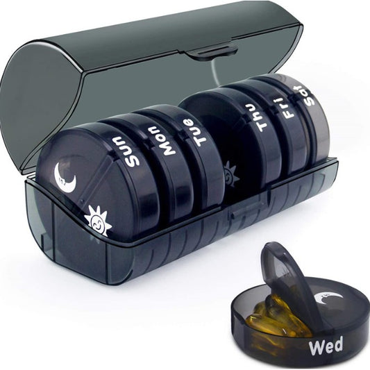 Cutie Depozitare Medicamente, Flippy, 7 Zile, 14 Compartimente, Cutie Suport, Recipiente Detasabile, Portabila, Negru, 17.5x11x9.5 cm-0