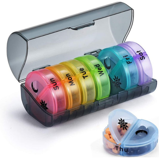 Cutie Depozitare Medicamente, Flippy, 7 Zile, 14 Compartimente, Cutie Suport, Recipiente Detasabile, Portabila, Recipiente Colorate, Suport Negru, 17.5x11x9.5 cm-0