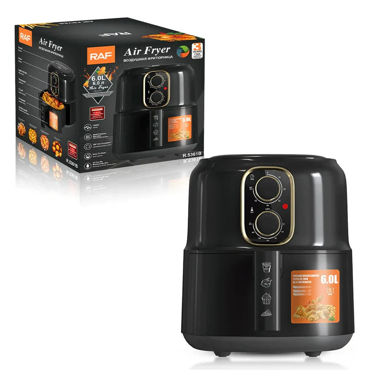 Friteuza cu aer Cald - Air Fryer RAF - 4.8L, 1600W, Control Manual, Circulare aer cald 360 grade, cu funcție Auto-Oprire, Negru, 3 ani Garanție + Carte de rețete electronică Cadou