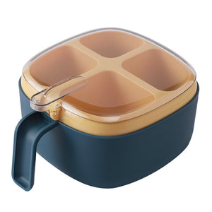 Recipient pentru condimente Flippy, 4 casute, potrivit pentru sare, cimbru, piper, condimente, 4 lingurite din plastic, capac din plastic, maner, 14x14x8 cm, albastru-0